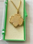 Vintage Girl Scouts Gold Tone Green Trefoil Locket 8    Necklace Nos Orig Box