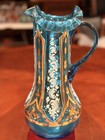 Antique Bohemian Blue Glass Pitcher 12 Inch Enameled Gold Gilt Ruffled Rim