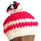 Vtg Slouch Hand-knitted Beanie Red White   Black Thick Chunky Knit Cap W Pom Pom