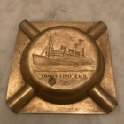 Rms Queen Elizabeth Souvenir Stamped Brass Ashtray W  Ship Portrait - Very Good