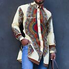 Mens Long Sleeve Longline African Dashiki Dress Shirt Ethnic Totem Print Tops