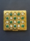 Gourielli Gold Tone Cosmetic Powder Compact Mirror Green   Clear Rhinestones