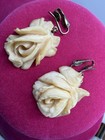 Vintage Chinese Export Carved Bovine Bone Rose Necklace And Drop Earring Set
