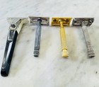 Lot Of 4 Vintage Safety Razors Gillette Schick Gold Chrome Metal Shaving Collect