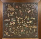 Vintage Completed Sampler Victorian Style Wool Linen Flowers Animals Letters