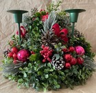 Vtg Christmas Plastic Foliage Candleholder Centerpiece  Green  Red  White