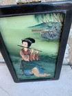 Antique Oriental Japanese Reverse Glass Painting Lady Geisha Playing Flute 11x7 