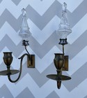 Pair Of Antique Art Deco Art Nouveau Brass Crystal Glass Candle Holder Sconce
