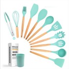 12pc Silicone Cooking Utensils Set Wooden Handles Kitchen Tools Holder Bpa Free