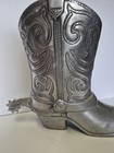 Towle Large Cast Metal Western Boot Vase Planter Silver  with Spur Vintage