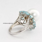 Magnificent Flower Design Huge Pearl  Aquamarines   Lab-created Diamonds Ring