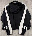 Adidas Windbreaker Jacket Womens L Black White 3 Stripe Hooded Athletic Y2k