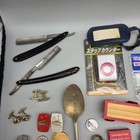 Vintage Junk Drawer Lot Straight Razors Pins Patches Watches Cufflinks Tokens