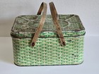 Green Metal Tin Box Picnic Basket Hinged Lid   Handles 14 x10x7  Distressed Vent