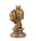 Bronze Sculpture Of Two Owls On A Branch On A Black Marble Base After L bistolf