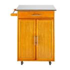 Wood Kitchen Island Trolley Rolling Cart Stainless Top Storage Cabinet Utility