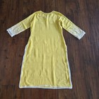 Embroidered Cotton Yellow Top Shirt Long Kurti White Lace Floral Size S m