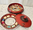 Vintage 1930s Round Red Metal Sewing Tin 3 Piece Thread Caddy W Wood Spools