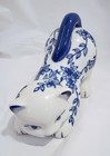 Vtg Stretching Cat Figurine Kitty Ceramic Blue White Flowers Floral