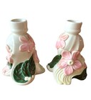 Vintage Holland Mold Ceramic Candle Stick Holders Taper Pink Green Glazed Flower