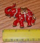 Vintage Red Enameled Indian Elephant With Faux Diamonds Brooch   Gold Plated