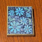 Vintage Mid Century Enamel Cigarette Case Business Card Holder Blue Floral Gold