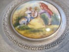 Vtg Victorian Couple Serenade Music Box Aluminum Vanity Powder Puff Holder