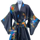 Peacock Kimono One Size Black Blue Pink Orange Floral Satin Maxi Robe Japan Made