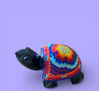 Huichol Turtle Beaded Obsidian Carved Stone Figurine Multicolor Mexico Folk Art