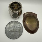Lot Barrel Of Money Metal Coin Bank Chicago Thrift Big Nickel Pocket Change Tray