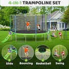 3-in-1 12ft Trampoline Round W slide  swings Basketball Hoop  Enclosure Net Astm