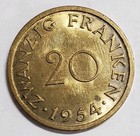 1954 Saar Saarland 20 Franken Coin