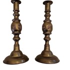 Brass Bullseye Candlesticks Antique Pair Victorian 12    Round Base Unpolished