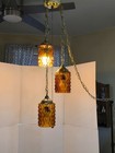 Vintage Mid Century 3 Pendant Amber Swag Lamp W 3 Position Switch And 15  Cord