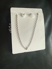 Silver Tone Pink Crystal Rhinestone Floral Necklace   Earrings Jewelry Set
