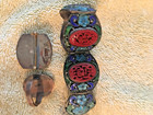 Chinese Export Carved Cinnabar Enamel Panel Link Bracelet  Pin   Ring   Htf