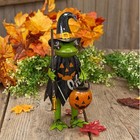 New Primitive Halloween Frog Figure Matilda Metal Broom Witch Hat 5 25 wx12 5 t