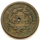1855 1c Braided Hair Large Cent  Holed