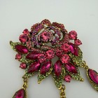 Large Statement Pink Rose Rhinestone Dangle Leaf Vintage Style Brooch Pin