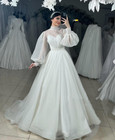 Organza Wedding Dresses Long Puffy Sleeves High Neck Sweep Train Bridal Gowns