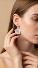 Beige Purple Cotton Crochet Flower Dangle drop Hook Earrings Beaded