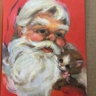 Vintage Mid-century Christmas Card Santa Holding Kitten Painterly Style 60s