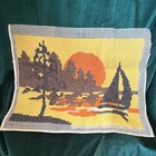 Vintage 1970s Latch Hook Rug wall Hanging Sunset Lake Cabin Scene W  Boat