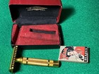 Vintage Gillette Gold Tone 3 Piece Safety Razor W case   Blades Nice   Shiny