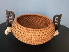 Collectable Hand Woven Rattan Wicker Round Basket Ornate Wooden Handles Vintage