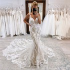 V-neck Mermaid Wedding Dresses Lace Applique Backless Court Train Bridal Gowns