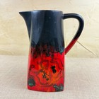 Mcm Red Black Drip Glaze Pitcher Hand-painted Floral 10in Mid-century Vintage