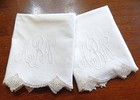 Antique Embroidered Monogram Filet Crochet Lace Trim Cotton Pillowcases Pair