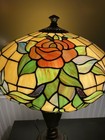 Vintage 24    Tiffany Style  Stained Glass Lamp Brass Base Rose Shade