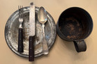 Original Cw  Soldier s Mess Set  Tin Plate  Cup   Utensils  Good Wear   Patina 